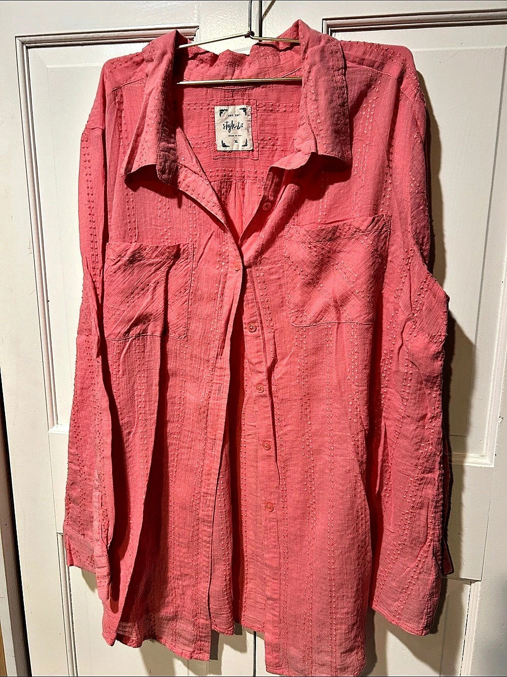 Style & Co Embroidered Button Down Shirt in Pink XL